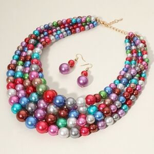 MultiColored Pearls Beaded Statement Chain MultiStrand Layered Bib Necklace Set